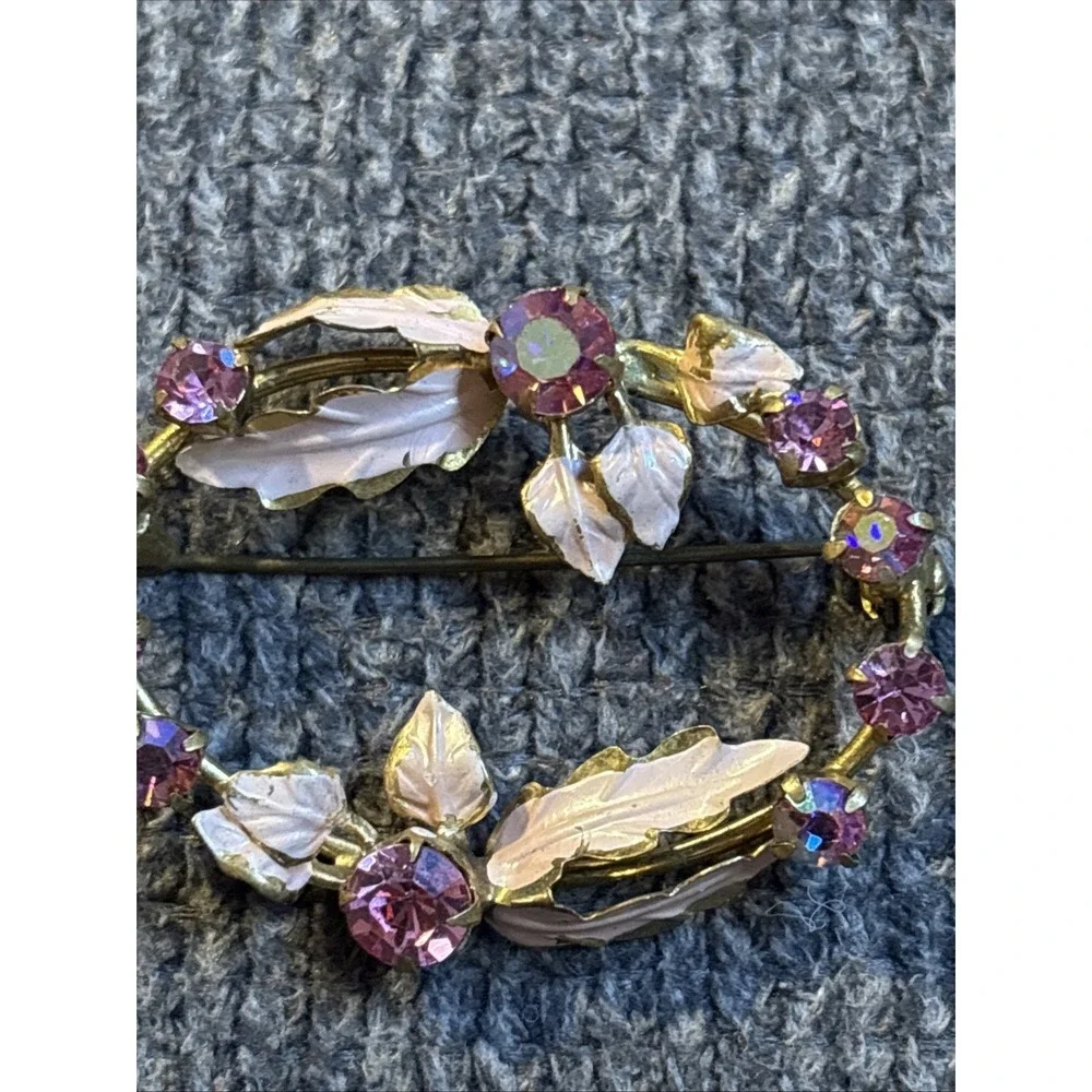 Vintage Pink Flower Wreath Brooch Pin Gold Tone Rhinestone Austria